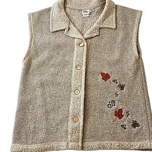 Vintage Womens Sz L Beige Leaf Embroidered Fleece Made in USA 70s Vest